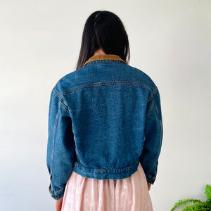 Vintage Cropped Contrast Collar Denim Jacket (XS-S)