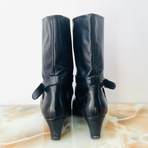 Mid Calf Leather Buckle Boots (39)