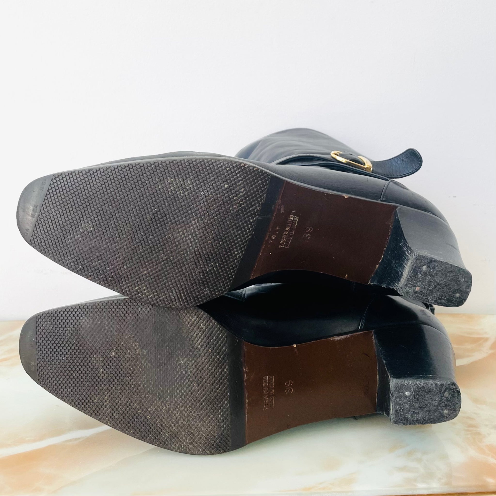 Mid Calf Leather Buckle Boots (39)