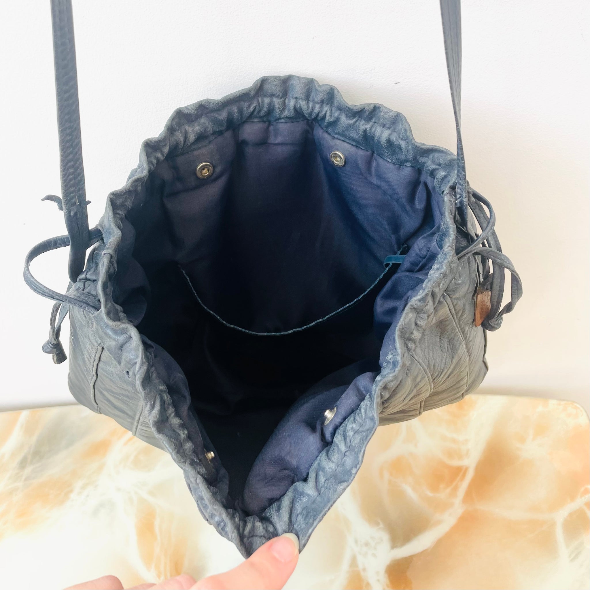 Vintage Navy Leather Drawstring Bag