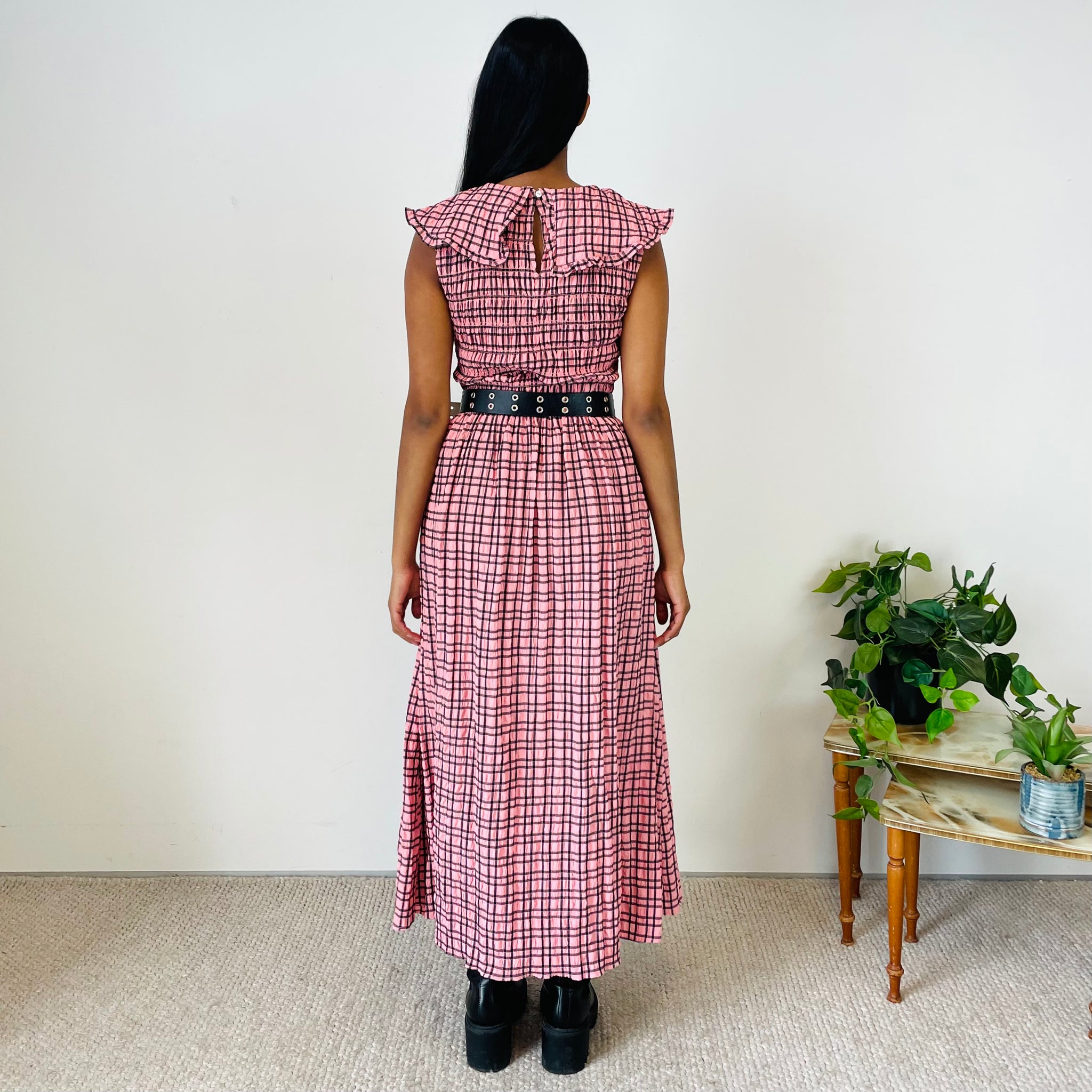 Wide Collar Checked Midi Dress (S)