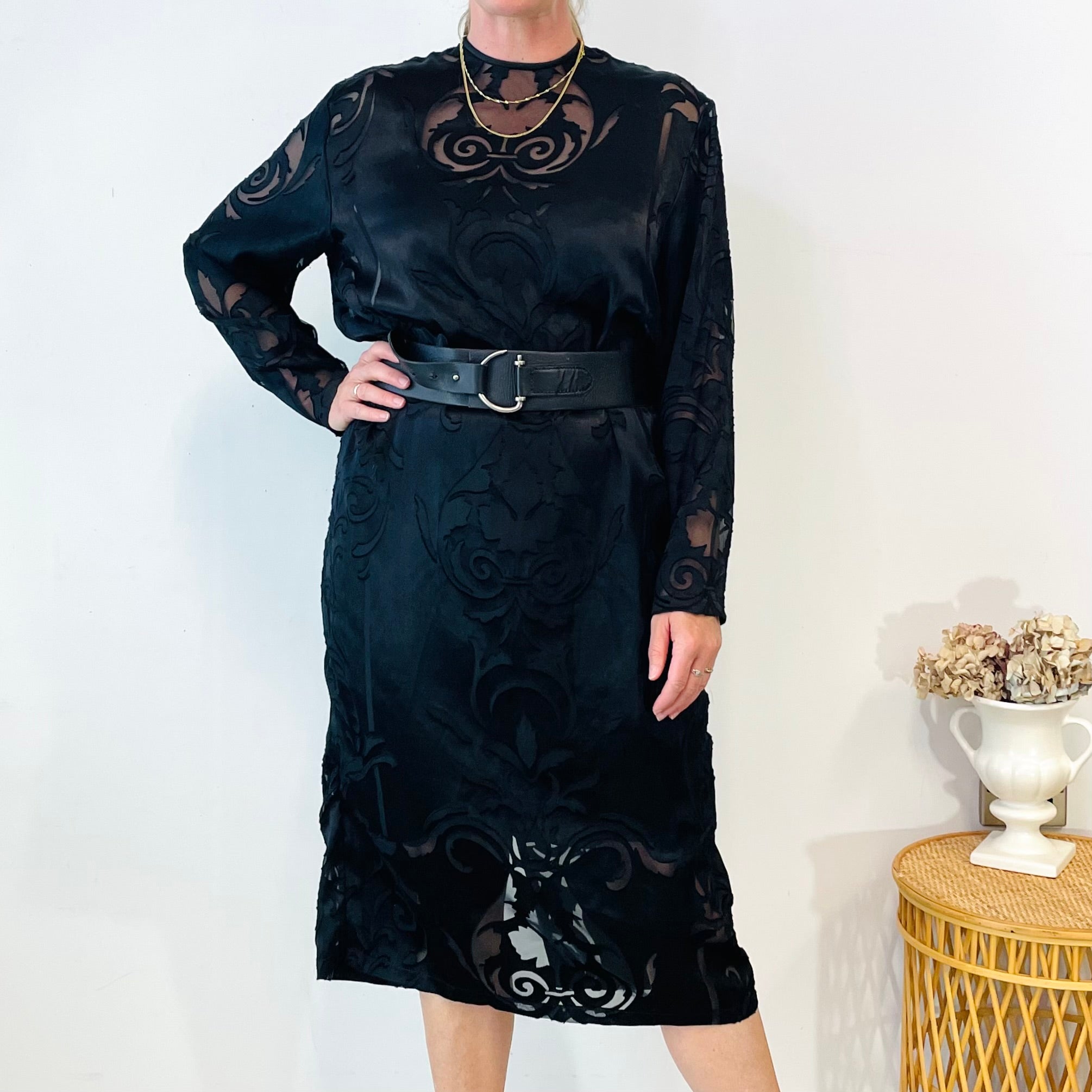 Vintage Satin and Sheer Cutout Midi Dress (M-L)