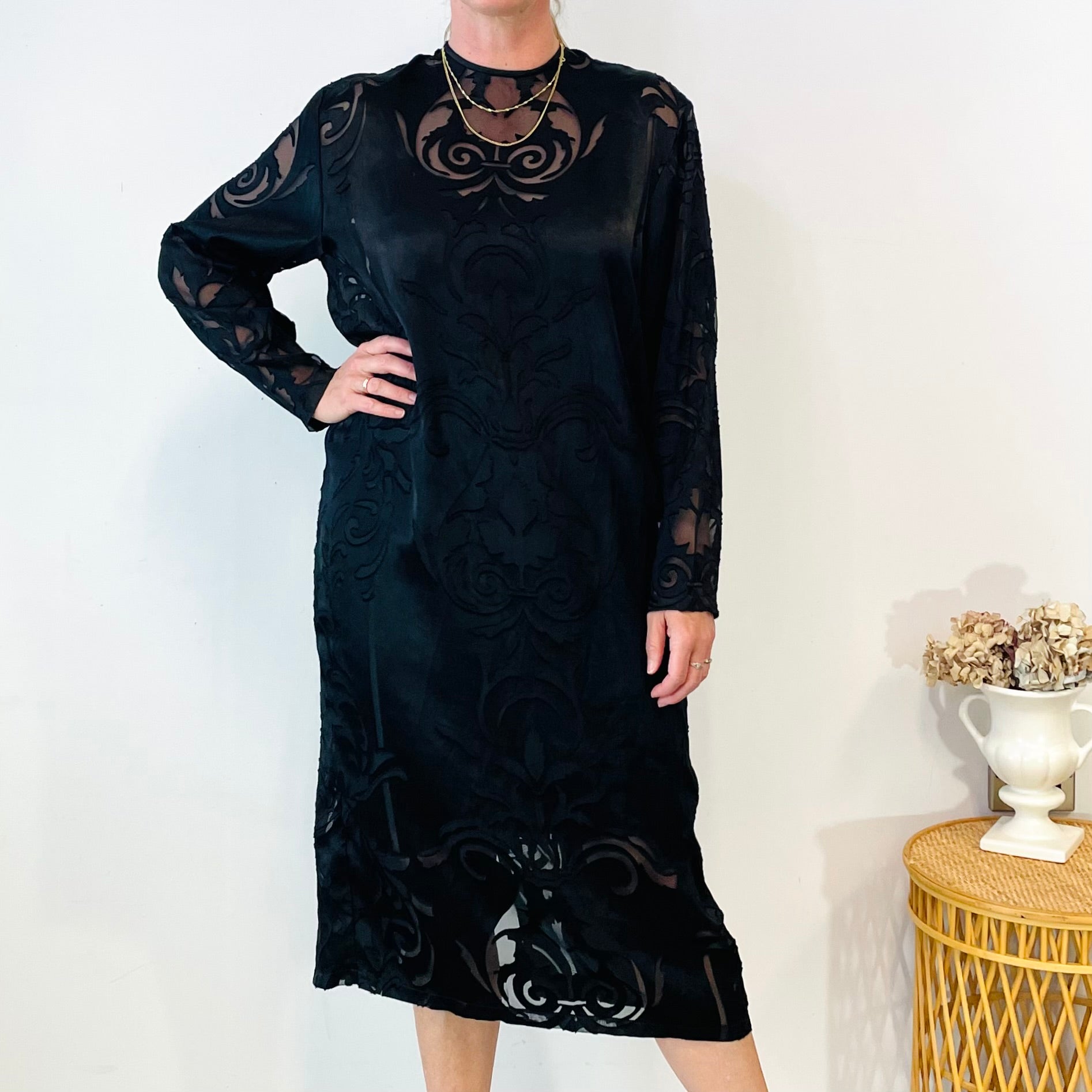 Vintage Satin and Sheer Cutout Midi Dress (M-L)