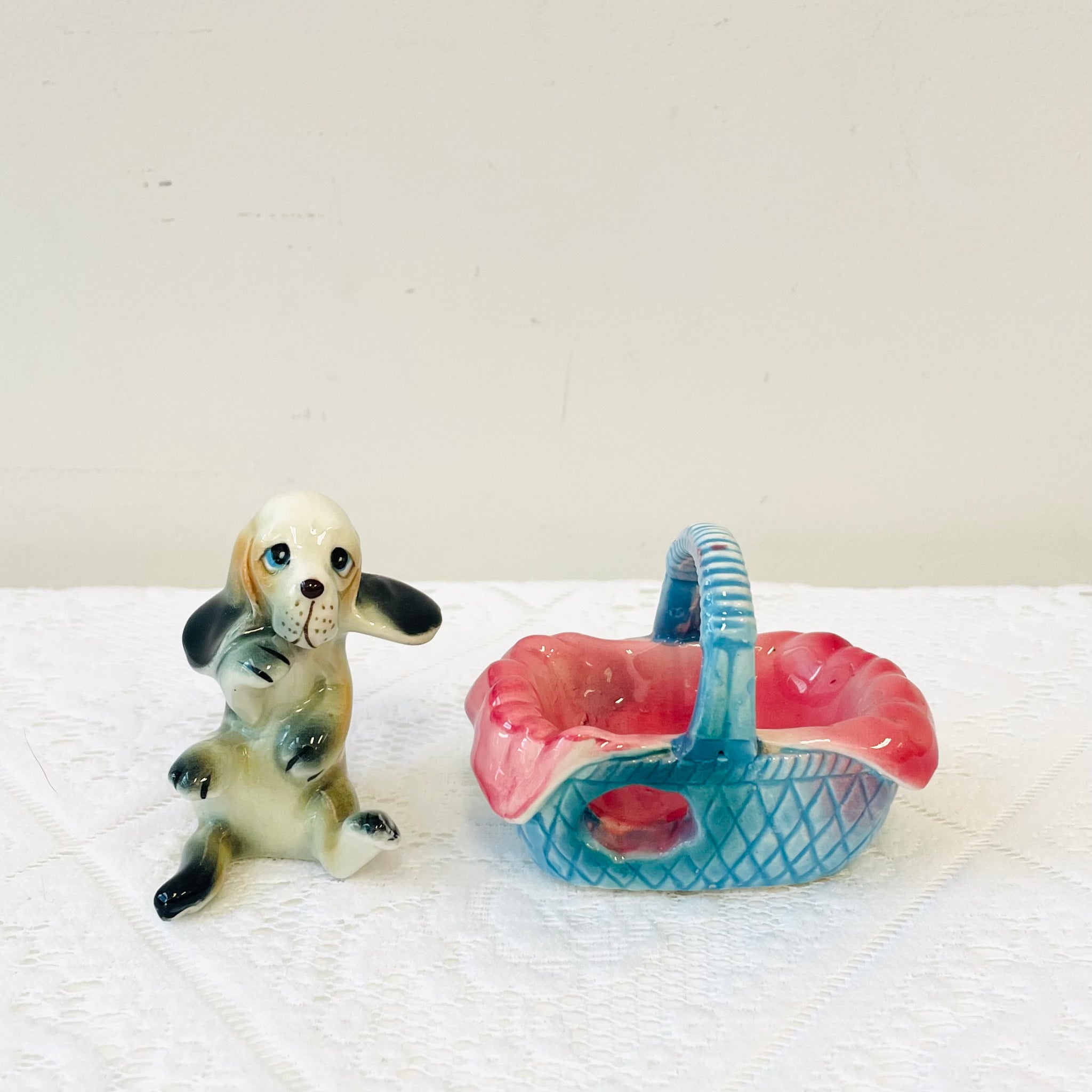 Vintage Puppy in a Basket Salt and Pepper Shakers