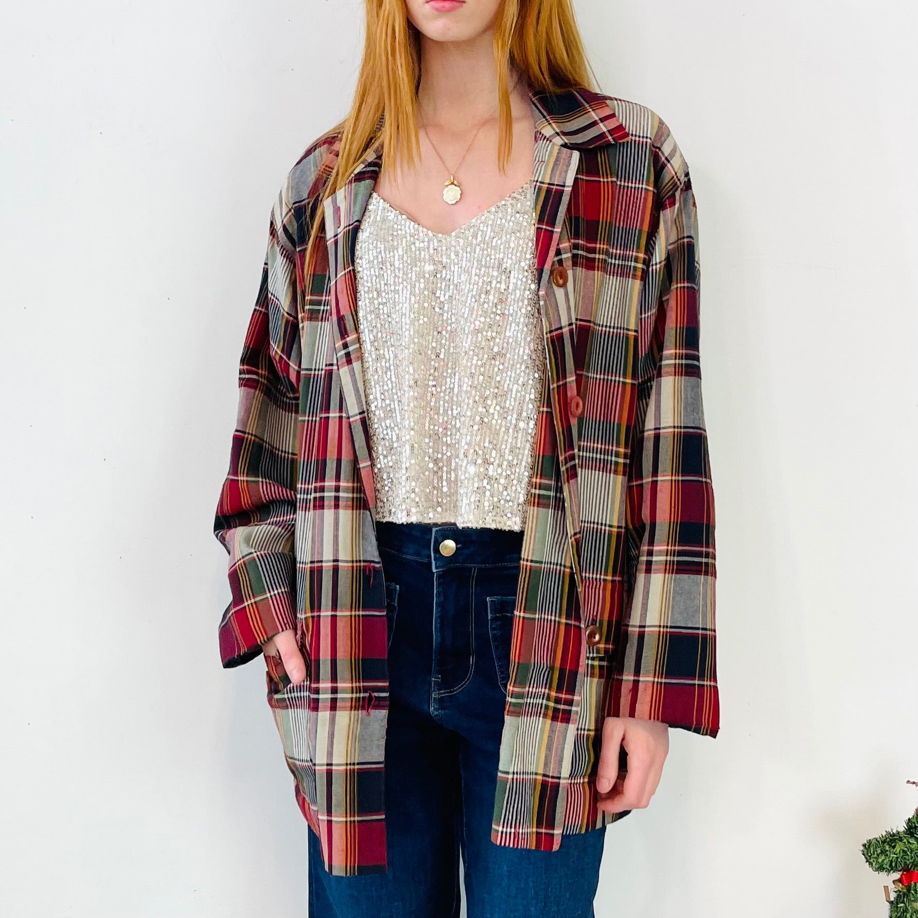 Vintage Linen Blend Checked Blazer (XL)