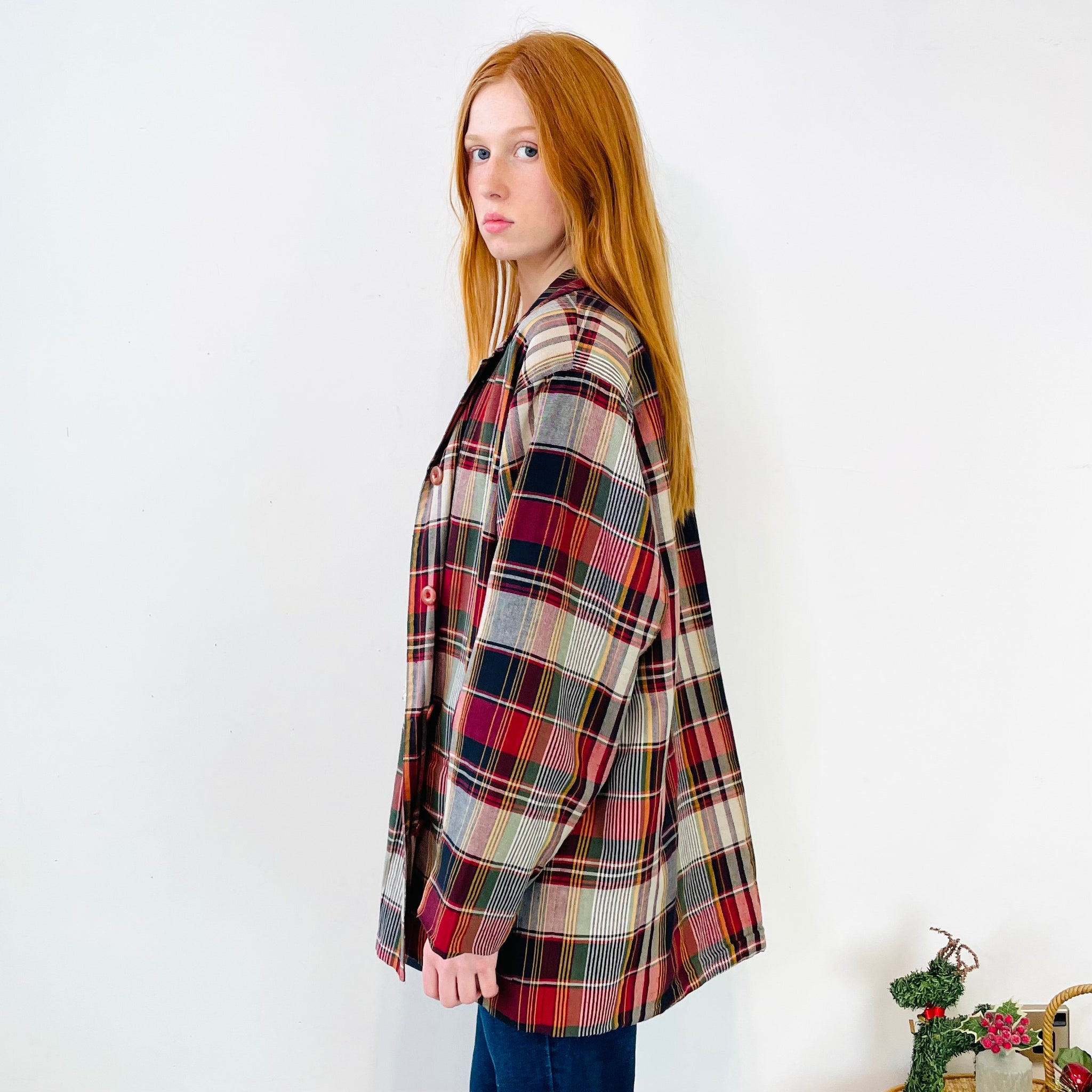 Vintage Linen Blend Checked Blazer (XL)