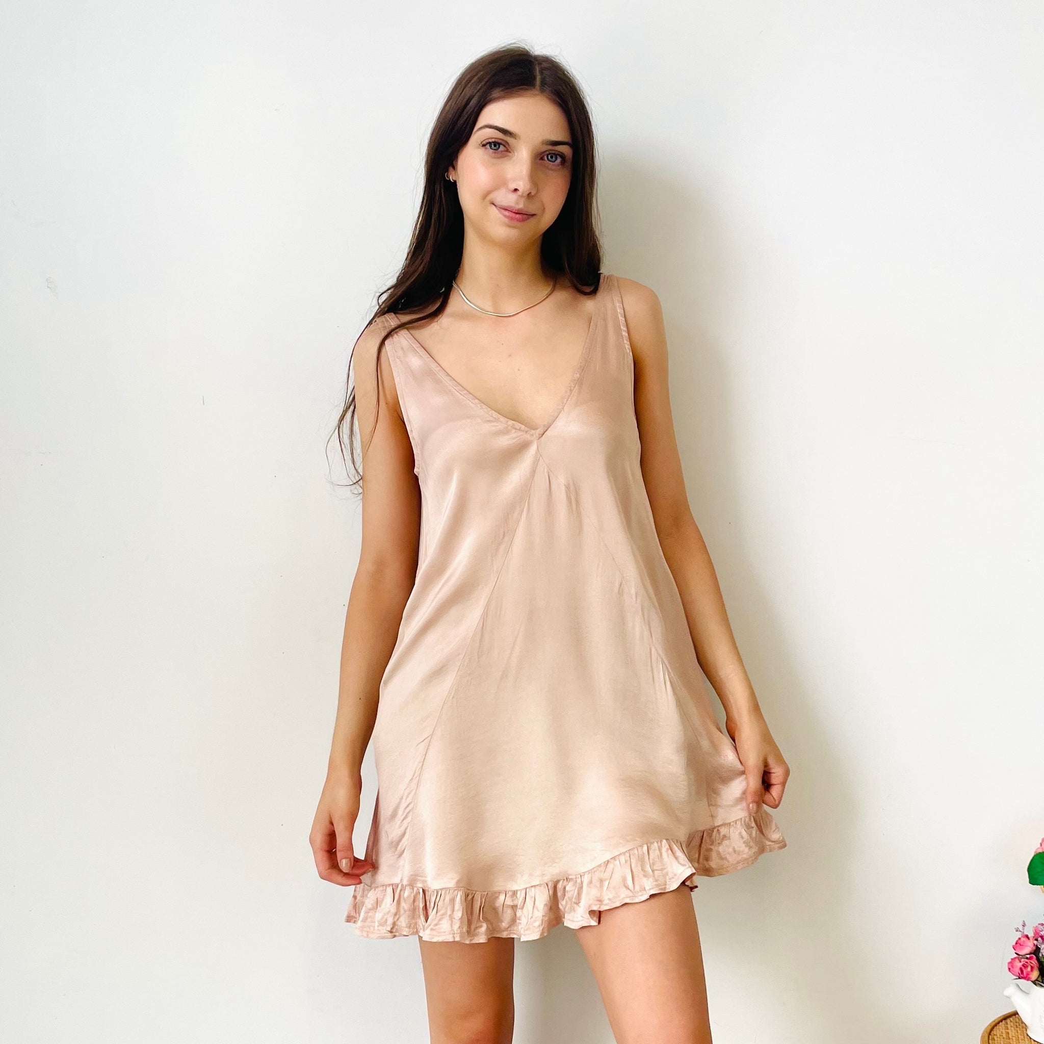 Ruby Ruffle Hem Satin Mini Dress (XS)