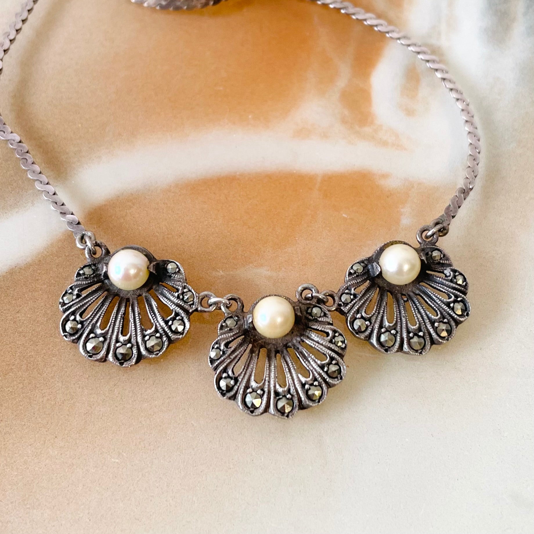 60s Sterling Silver Pearl and Marcasite Necklace