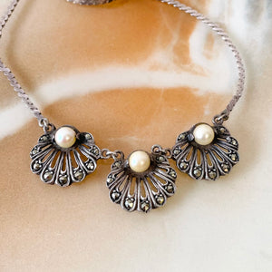 60s Sterling Silver Pearl and Marcasite Necklace