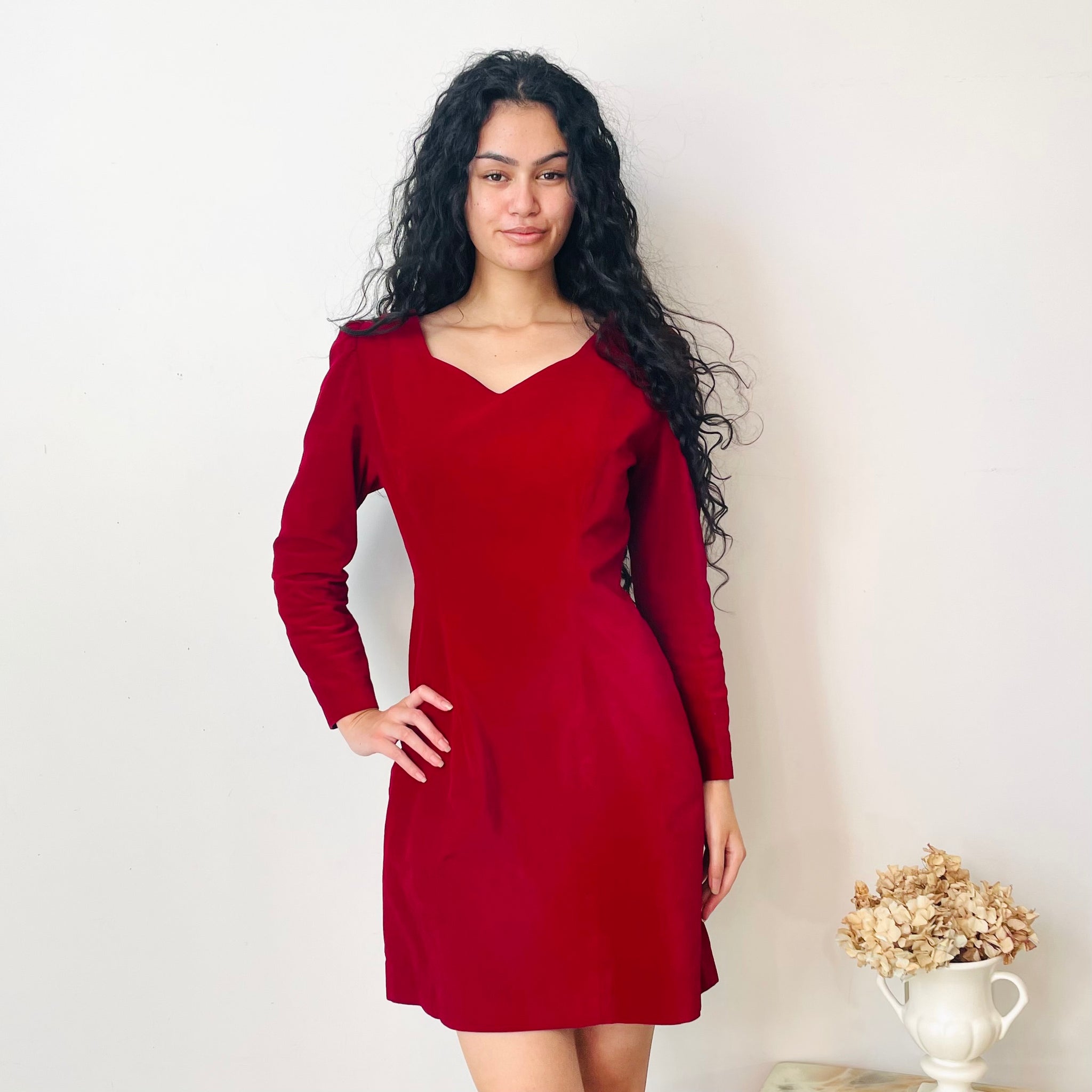 red velvet long sleeve mini dress womens Velvet Long Sleeve Mini Dress in Maroon Crush
