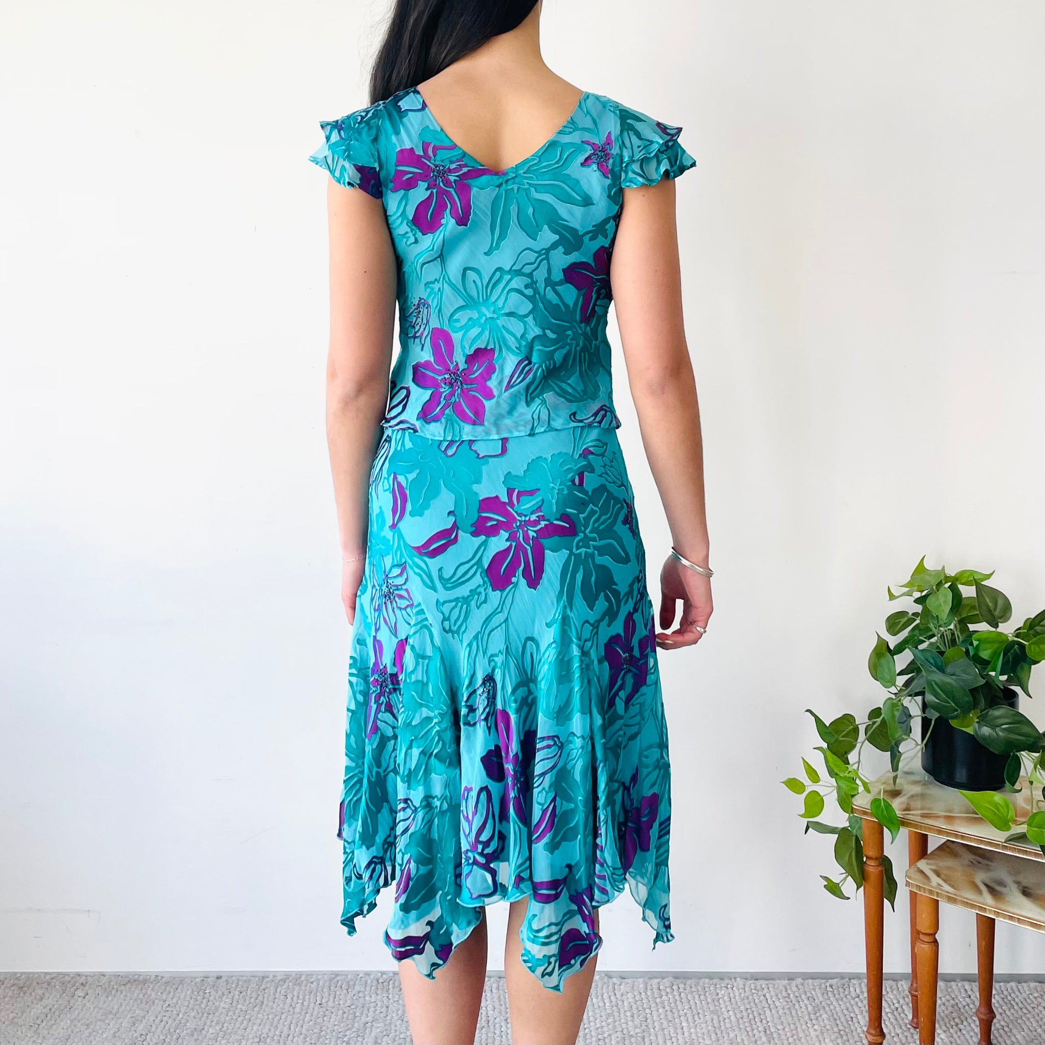 Silk Blend Handkerchief Hem Midi Dress (XS-S)