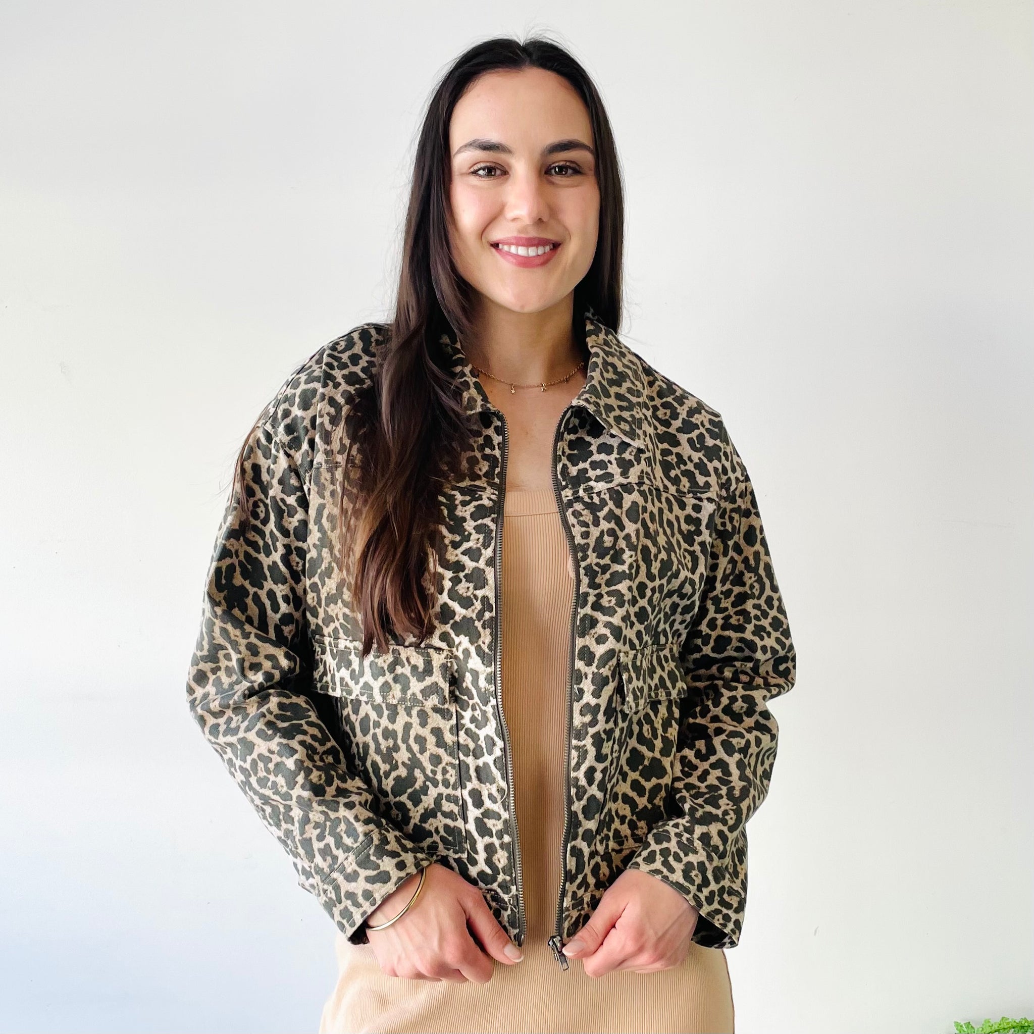 Boxy Leopard Print Denim Jacket (M)