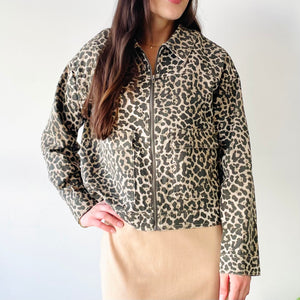 Boxy Leopard Print Denim Jacket (M)